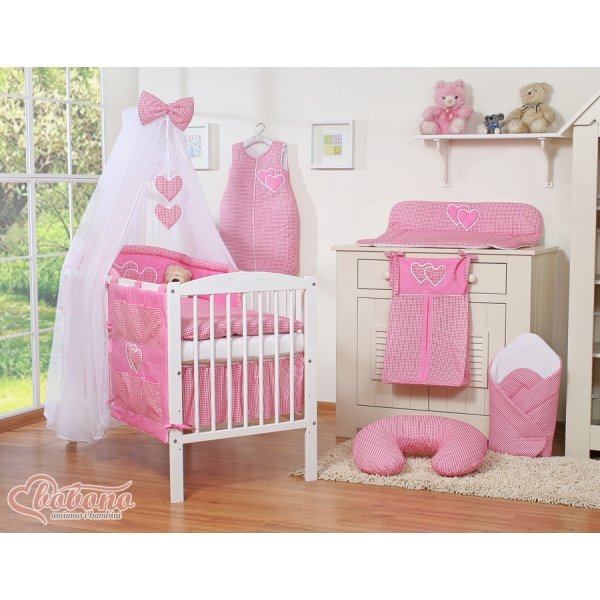 Sengesæt i 11 dele med myggenet-stativ - Hanging Hearts  Lyserød Pink Ternet