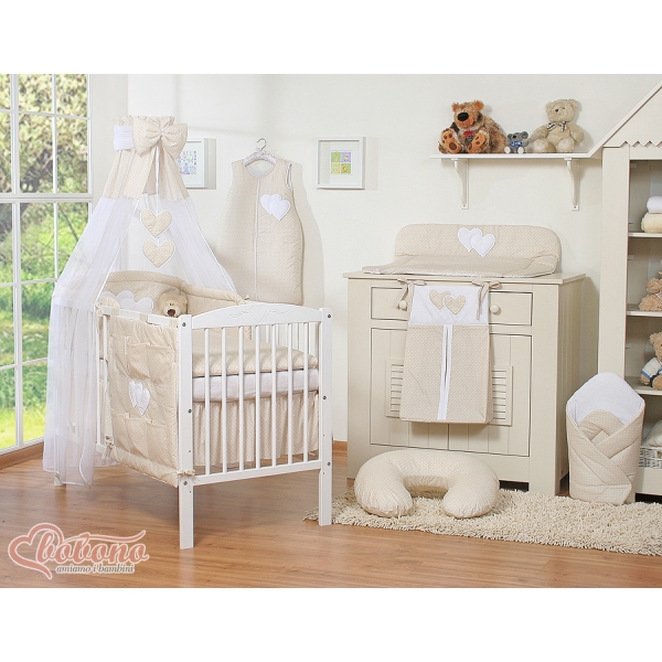 Sengesæt i 11 dele med sengehimmel-stativ - Hanging Hearts  Beige Polkaprikker