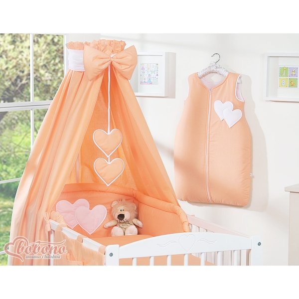 Sengesæt i 11 dele med sengehimmel-stativ - Hanging Hearts  Fersken