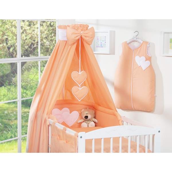 Sengesæt i 11 dele med sengehimmel-stativ - Hanging Hearts  Fersken