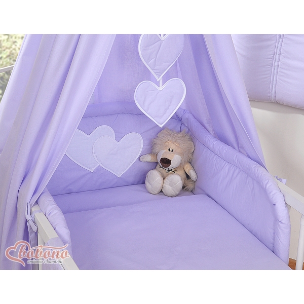 Sengesæt i 11 dele med sengehimmel-stativ - Hanging Hearts  Lilla
