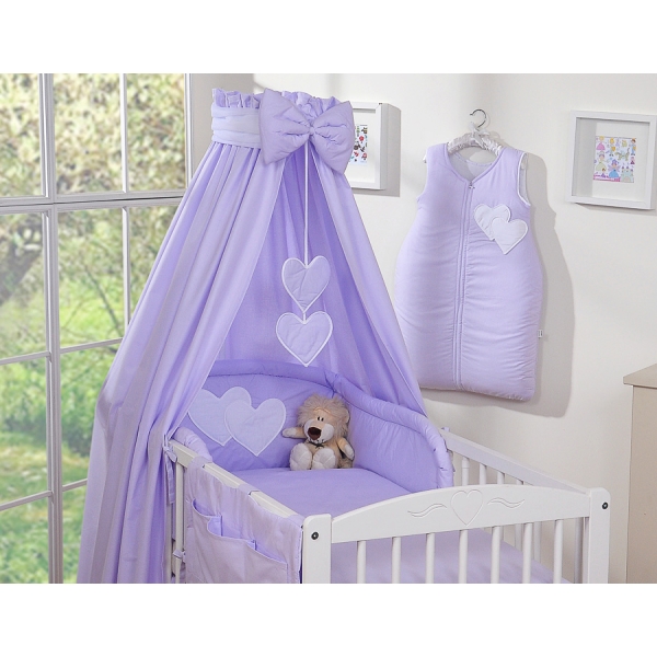 Sengesæt i 11 dele med sengehimmel-stativ - Hanging Hearts  Lilla