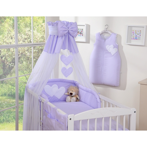 Sengesæt i 11 dele med sengehimmel-stativ - Hanging Hearts  Lilla