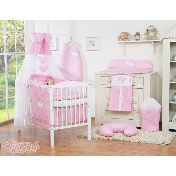 Sengesæt i 11 dele med sengehimmel-stativ - Hanging Hearts  Lyserød Pink