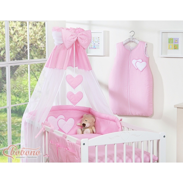 Sengesæt i 11 dele med sengehimmel-stativ - Hanging Hearts  Lyserød Pink