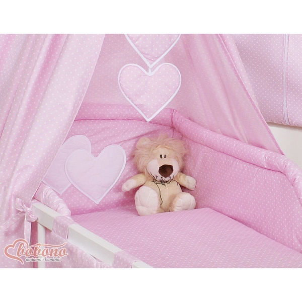 Sengesæt i 11 dele med sengehimmel-stativ - Hanging Hearts  Lyserød Pink Polkaprikker