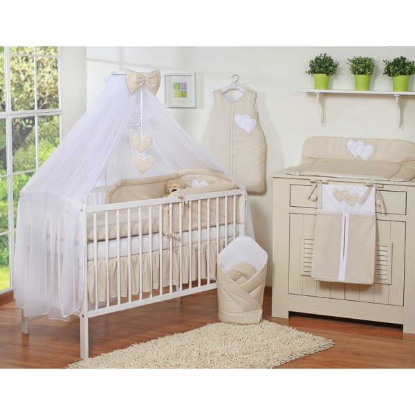 Sengesæt i 7 dele med myggenet-stativ - Hanging Hearts  Beige Polkaprikker