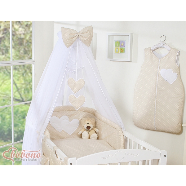 Sengesæt i 7 dele med myggenet-stativ - Hanging Hearts  Beige Polkaprikker
