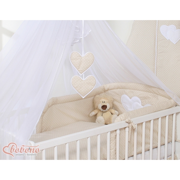 Sengesæt i 7 dele med myggenet-stativ - Hanging Hearts  Beige Polkaprikker