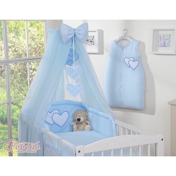 Sengesæt i 7 dele med myggenet-stativ - Hanging Hearts  Blå