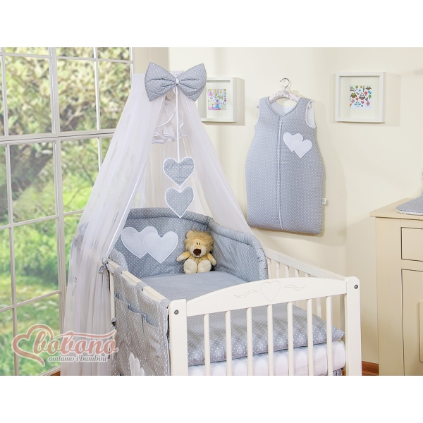 Sengesæt i 7 dele med myggenet-stativ - Hanging Hearts  Grå Polkaprikker