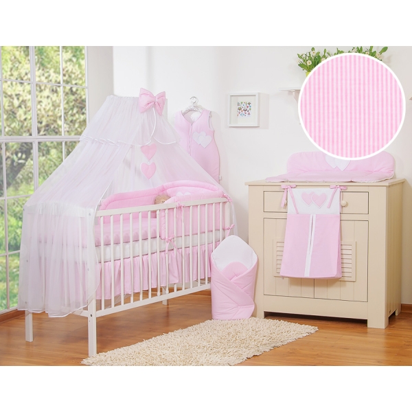 Sengesæt i 7 dele med myggenet-stativ - Hanging Hearts  Lyserød Pink Striber