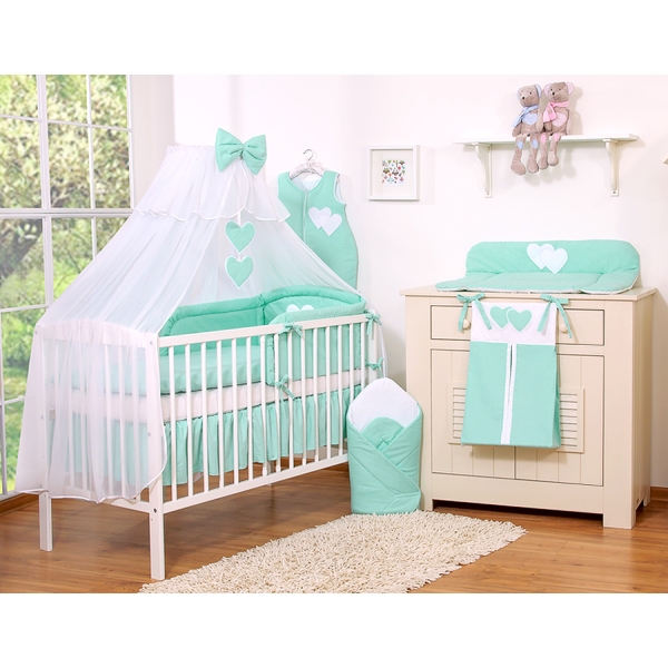 Sengesæt i 7 dele med myggenet-stativ - Hanging Hearts  Mint