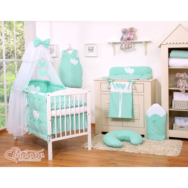 Sengesæt i 7 dele med myggenet-stativ - Hanging Hearts  Mint
