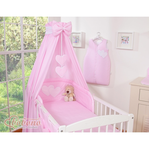 Sengesæt til baby tremmeseng i 11 dele Hjerter  Lyserød Pink Striber