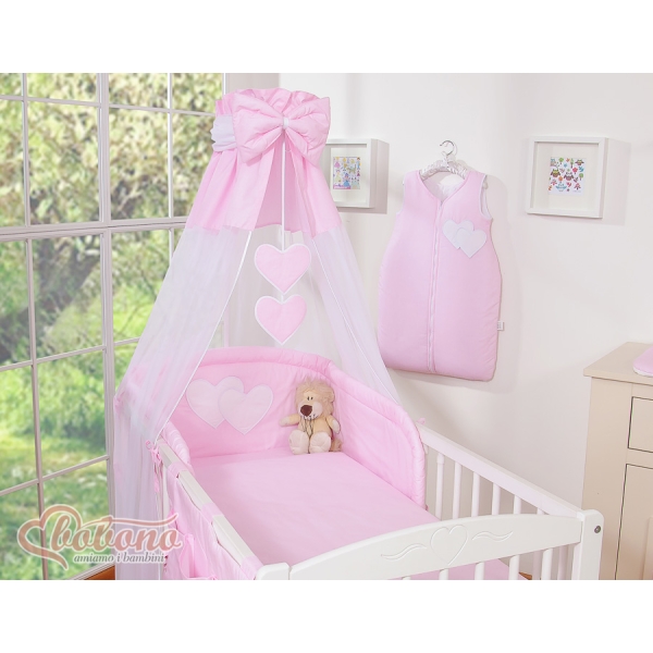 Sengesæt til baby tremmeseng i 11 dele Hjerter  Lyserød Pink Striber