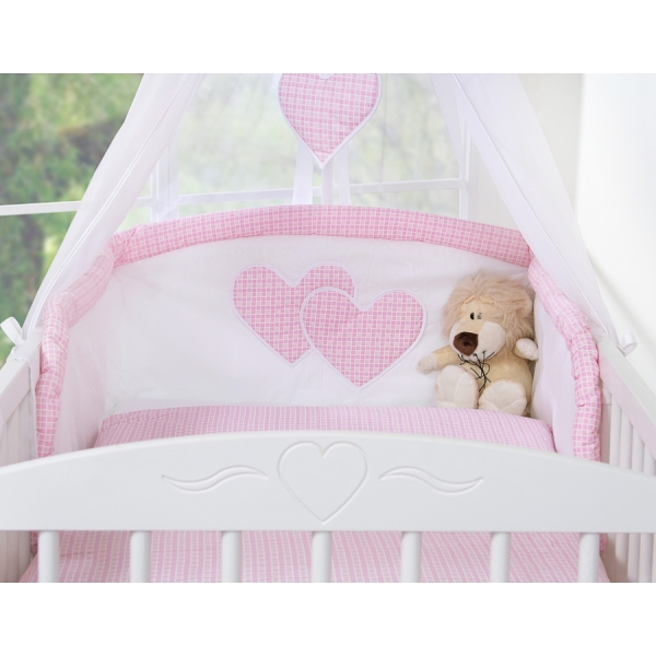 Sengesæt til tremmeseng i 5 dele med myggenet - Hanging Hearts  Lyserød Pink Ternet