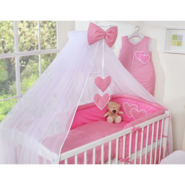 Sengesæt til tremmeseng i 5 dele med myggenet - Hanging Hearts  Lyserød Pink Ternet