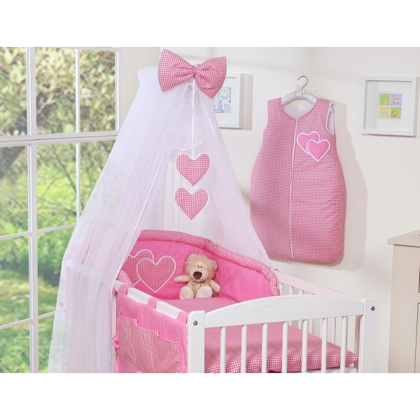Sengesæt til tremmeseng i 5 dele med myggenet - Hanging Hearts  Lyserød Pink Ternet