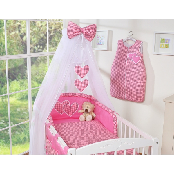 Sengesæt til tremmeseng i 5 dele med myggenet - Hanging Hearts  Lyserød Pink Ternet