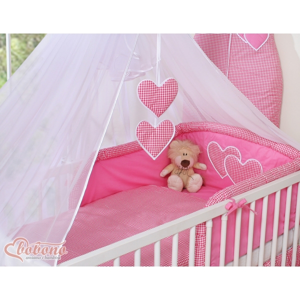 Sengesæt til tremmeseng i 5 dele med myggenet - Hanging Hearts  Lyserød Pink Ternet