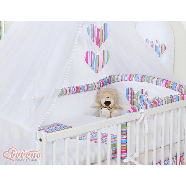 Sengetøj til tremmeseng 120x60 med Sengerand og Myggenet Hjerter  Lilla Striber