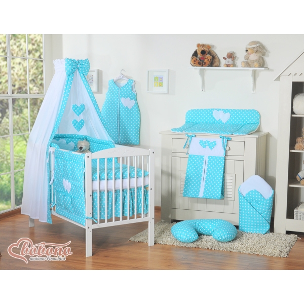 Sengetøj til tremmeseng med Sengerand i 7 dele Hjerter  Turkis Polkaprikker