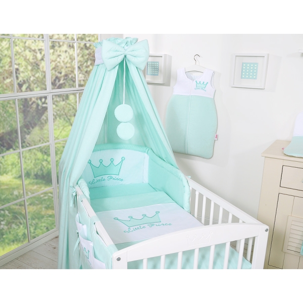 Sengetøj til tremmeseng med Sengerand i 7 dele Little Prince/Princess  Mint