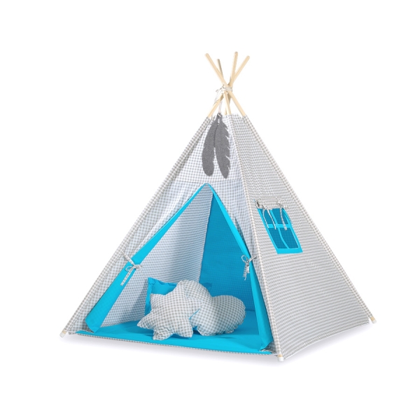 Teltsæt Tipi Telt Børn  Grå Turkis Ternet