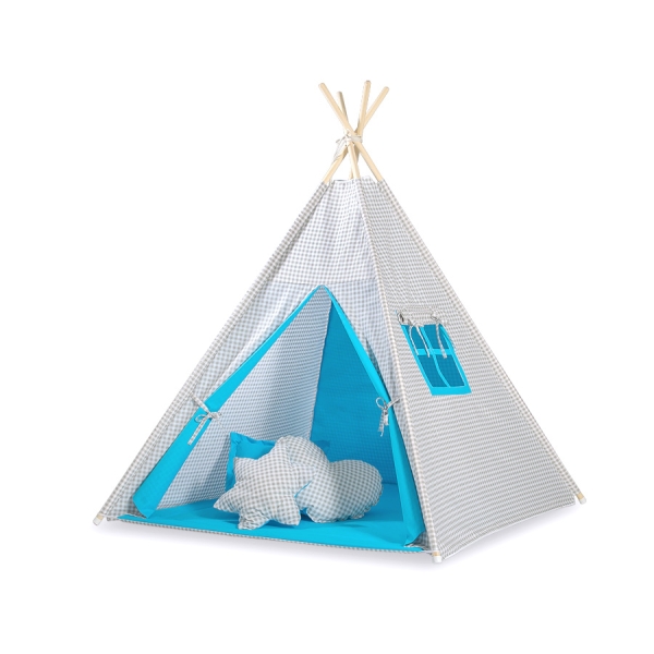Teltsæt Tipi Telt Børn  Grå Turkis Ternet