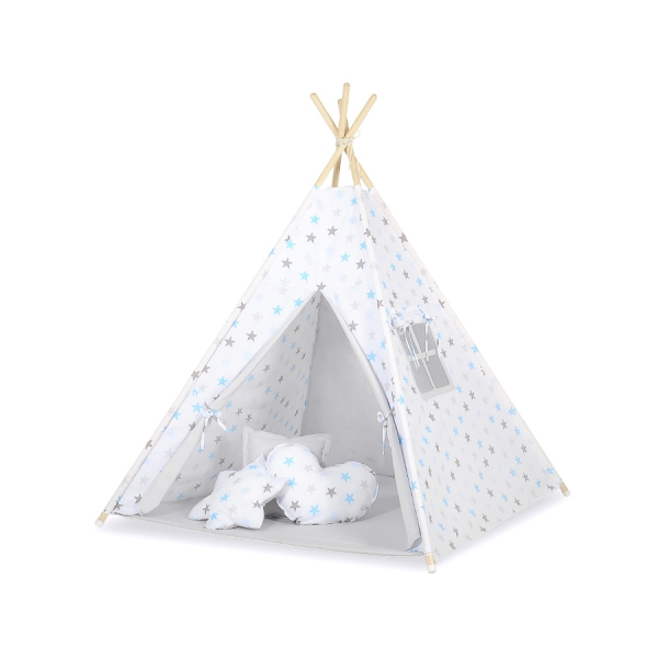 Teltsæt Tipi Telt Børn med legetæppe  Grå Blå Stjerner