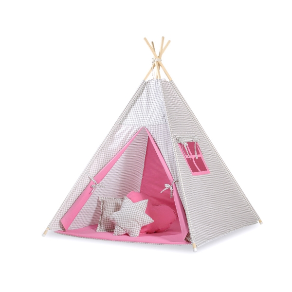 Teltsæt Tipi Telt Børn med legetæppe  Lyserød Grå Pink Ternet