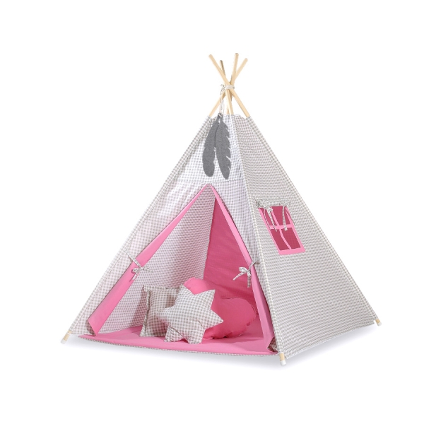 Teltsæt Tipi Telt Børn med legetæppe + puder sæt   Lyserød Grå Pink Ternet