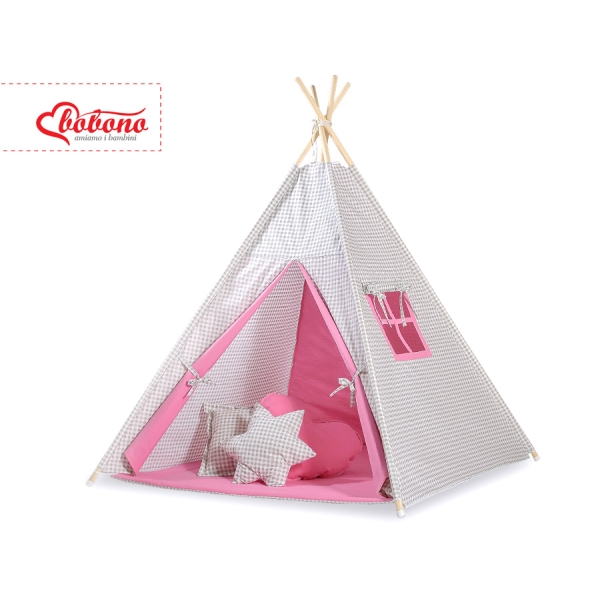 Teltsæt Tipi Telt Børn med legetæppe + puder sæt   Lyserød Grå Pink Ternet