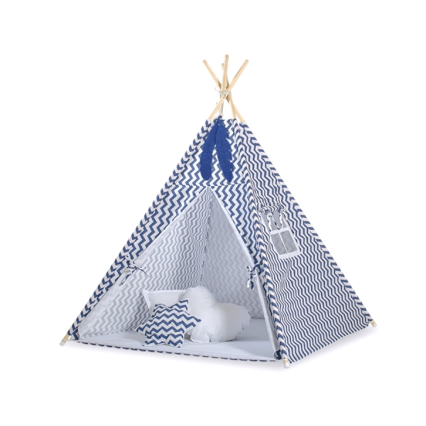 Teltsæt Tipi Telt Børn  Mørk Blå Siksak