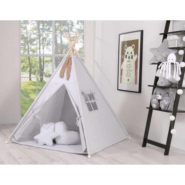 Tipi sæt til børn med legetæppe og puder  Grå