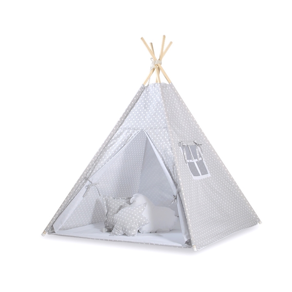 Tipi telt sæt til børn med legetæppe  Grå Polkaprikker